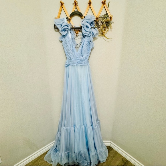 Mac Duggal Ruffle Tiered Cut Out Baby Blue Chiffon Gown Dress Size 10 - Picture 8 of 13